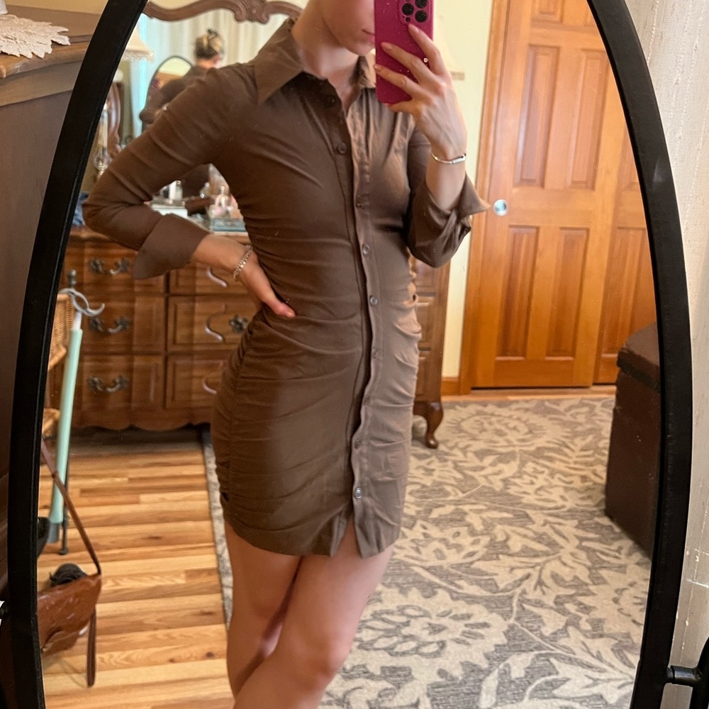 NWT Zara Brown long sleeve ruched dress